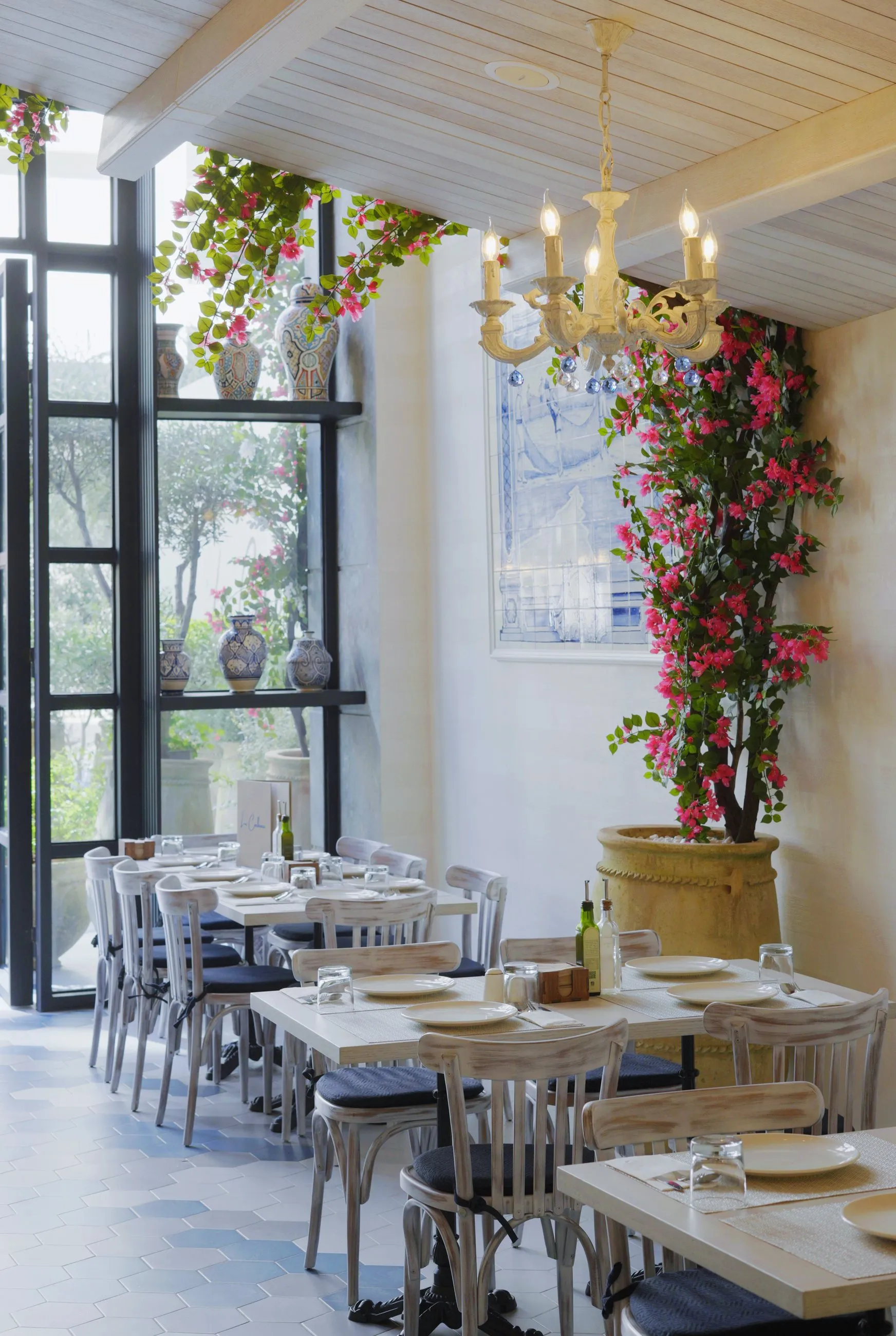 La Corbina's bright dining room in Tangier