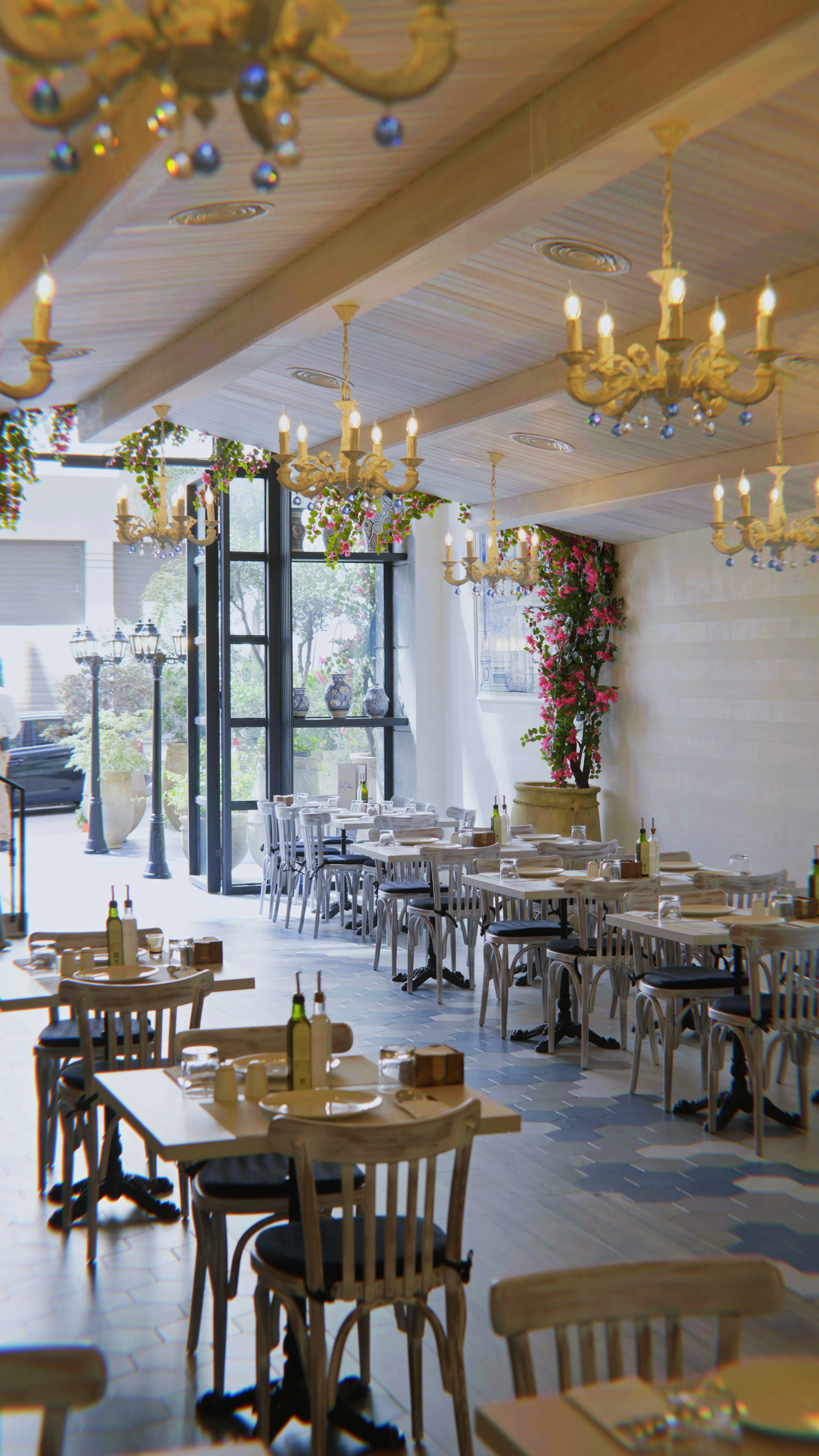 La Corbina's bright dining room in Tangier