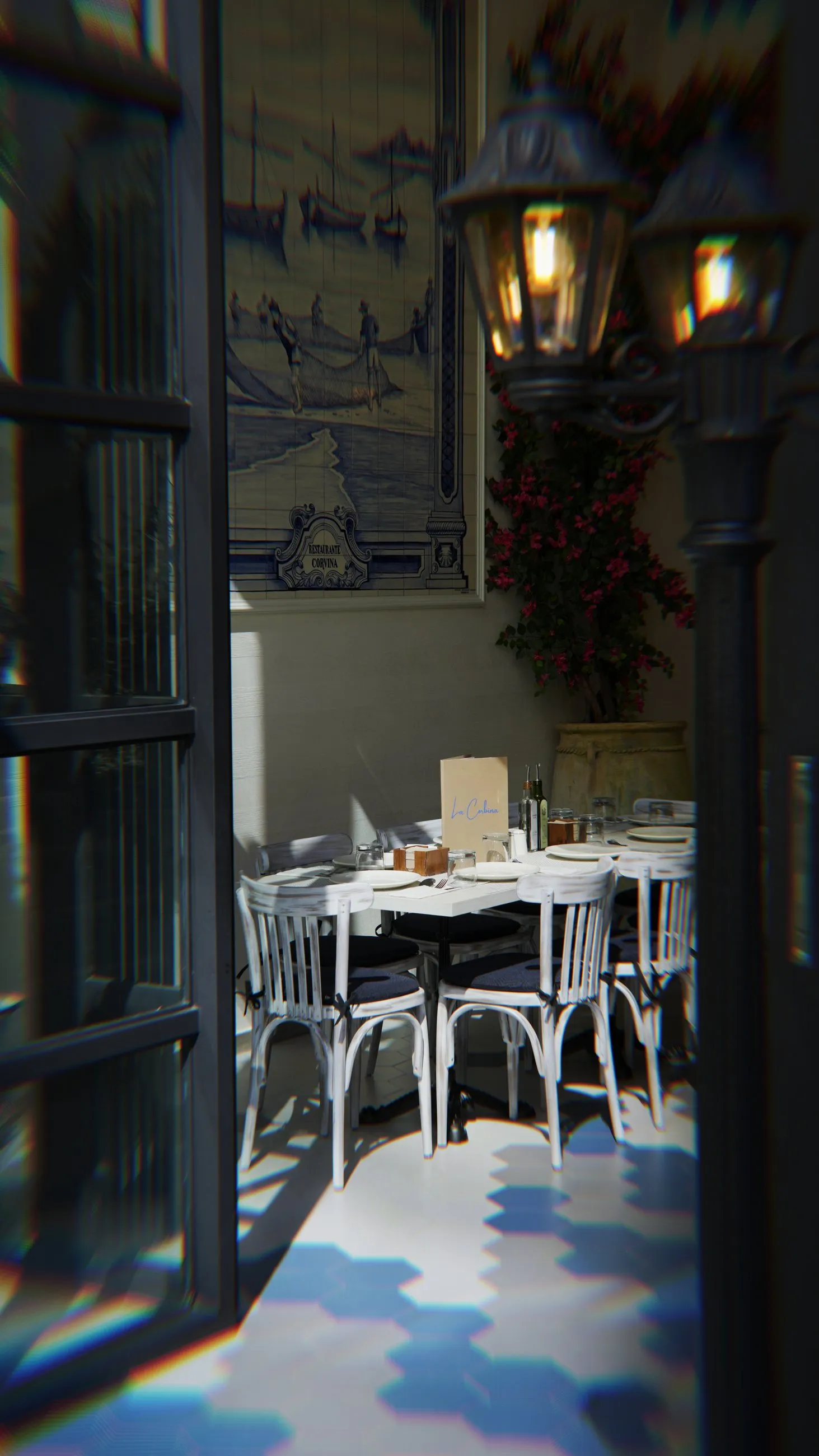The light-filled entrance and terrace side of La Corbina