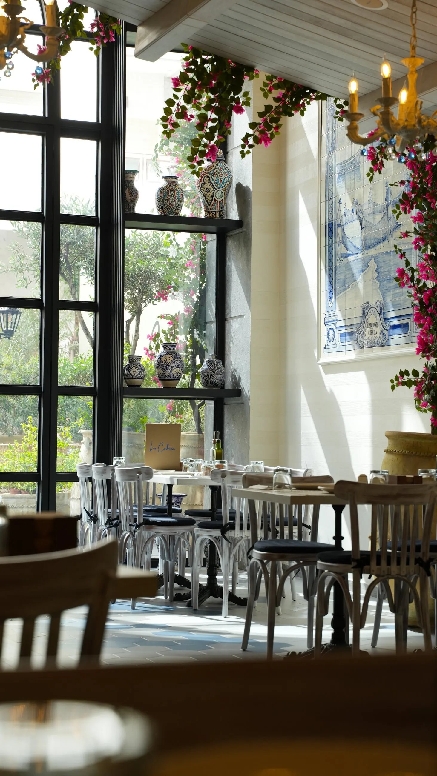 La Corbina's bright dining room in Tangier