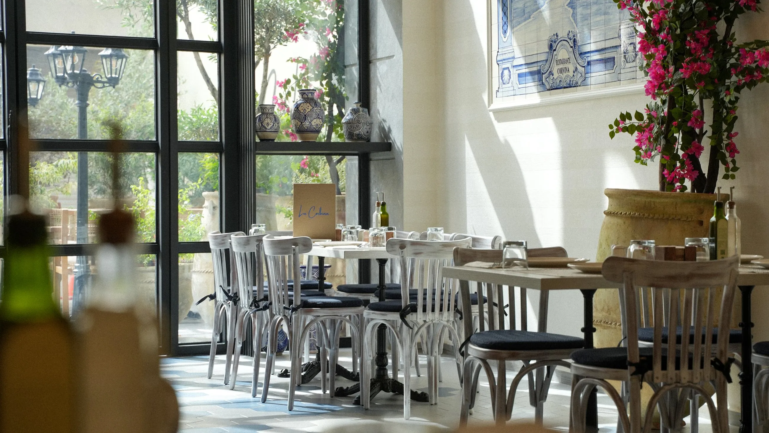 La Corbina's bright dining room in Tangier