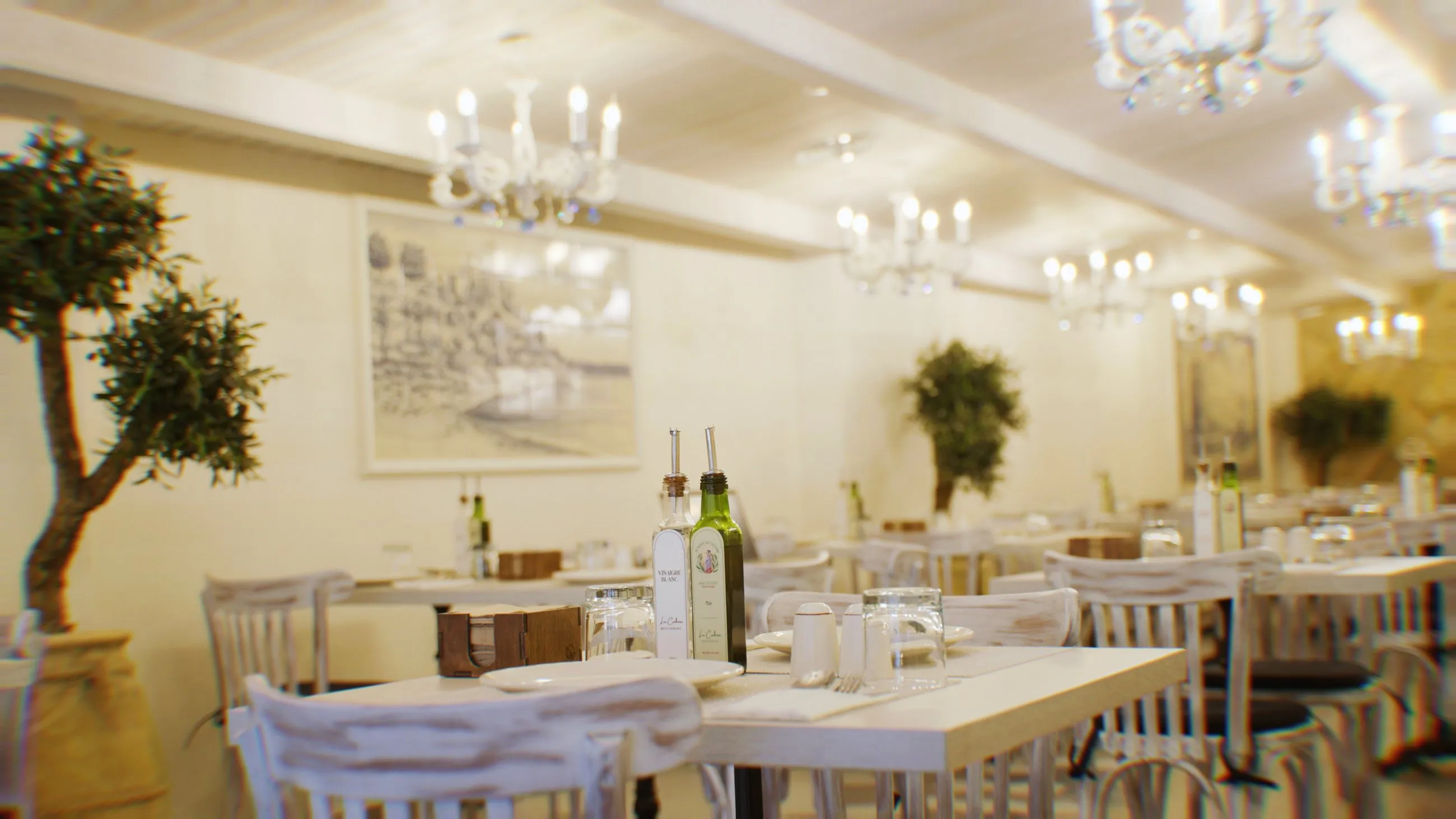 The warm dining room with crystal chandeliers